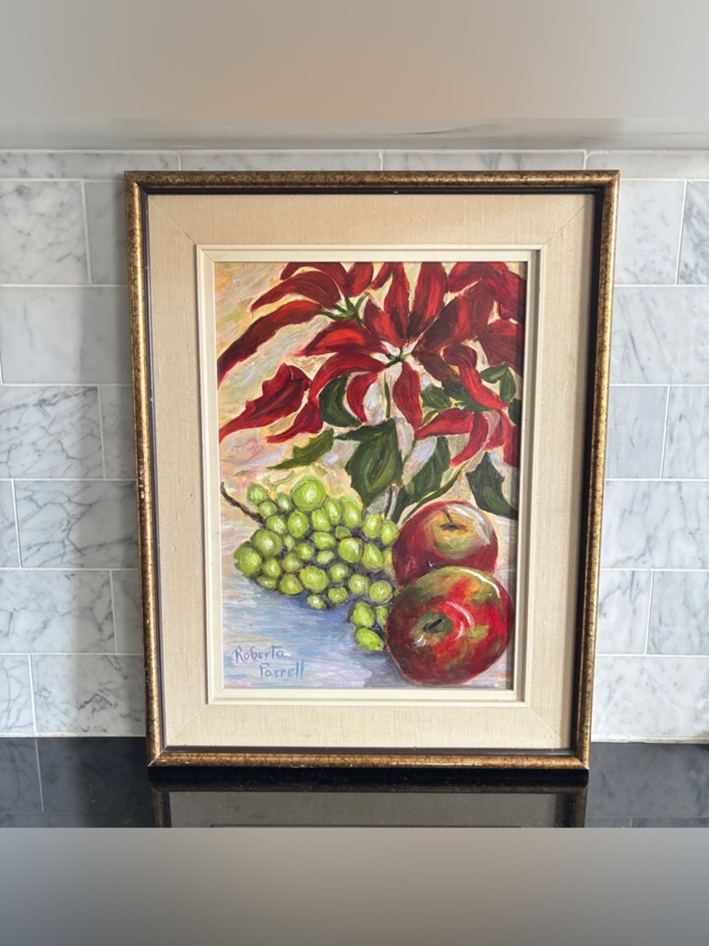 Vintage Framed and Signed Original Painting of Fruit and Flowers